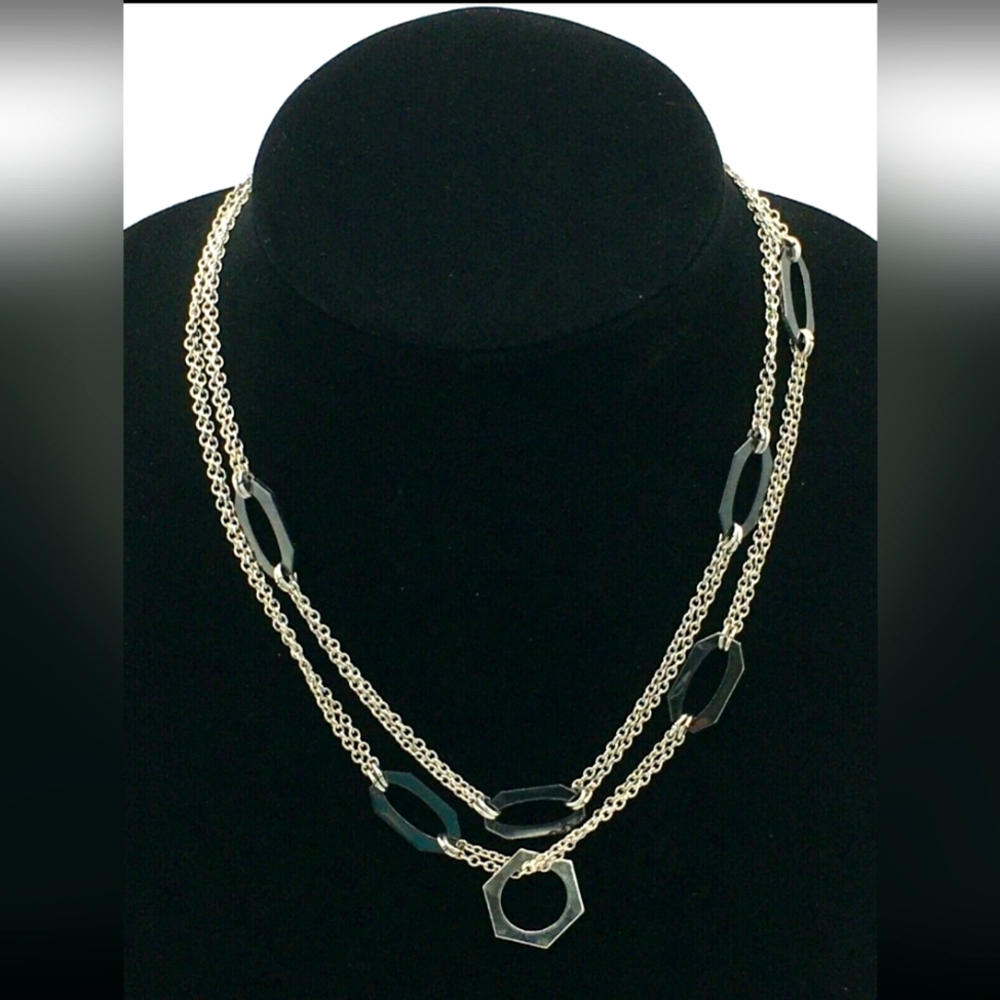 Signed New York & Co Silver Tone Geometric Modern Steampunk Necklace EUC
